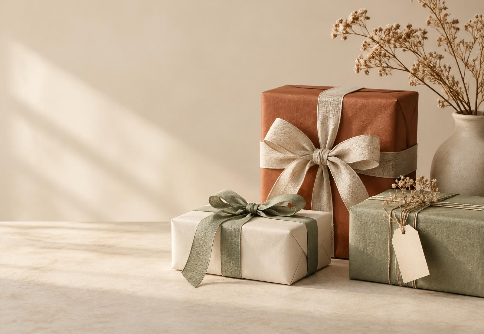 Three gifts wrapped in terracotta, cream and sage paper with linen ribbons